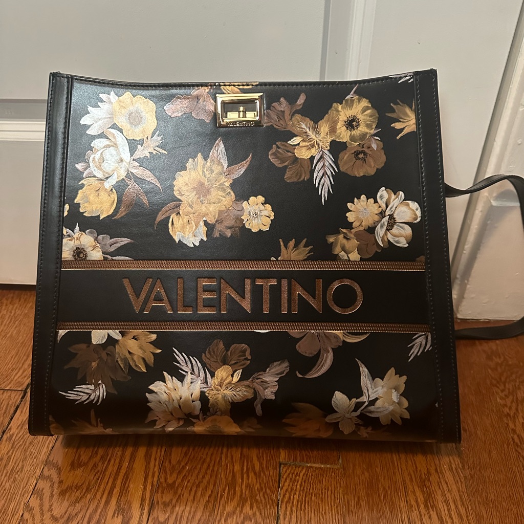 Valentino Black Floral Shoulder Bag With Gold Accents In Pristine Condition.